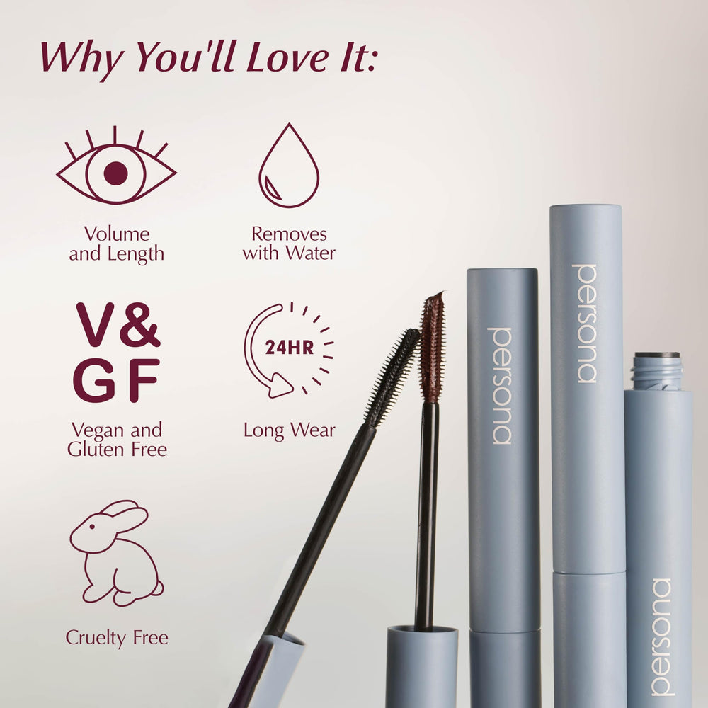 PERSONA Volumizing Tubing Mascara warm water removal for quick cleansing.
