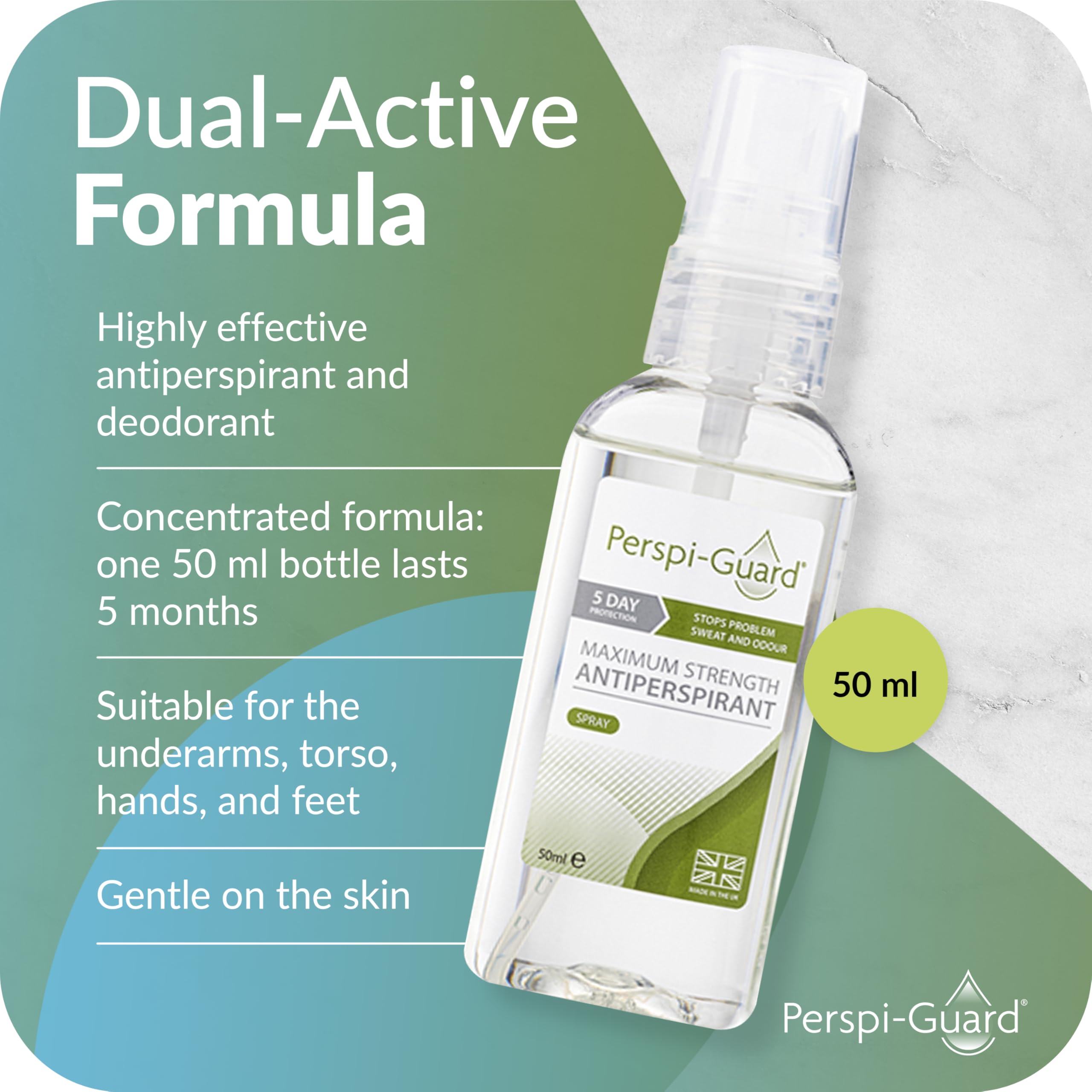Perspi Guard dermatologist-tested label indicates skin-friendly daily use.