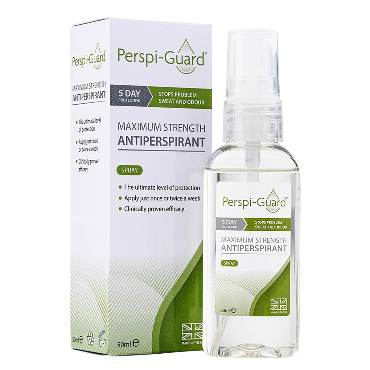 Perspi Guard maximum-strength antiperspirant bottle close-up for all-day confidence.