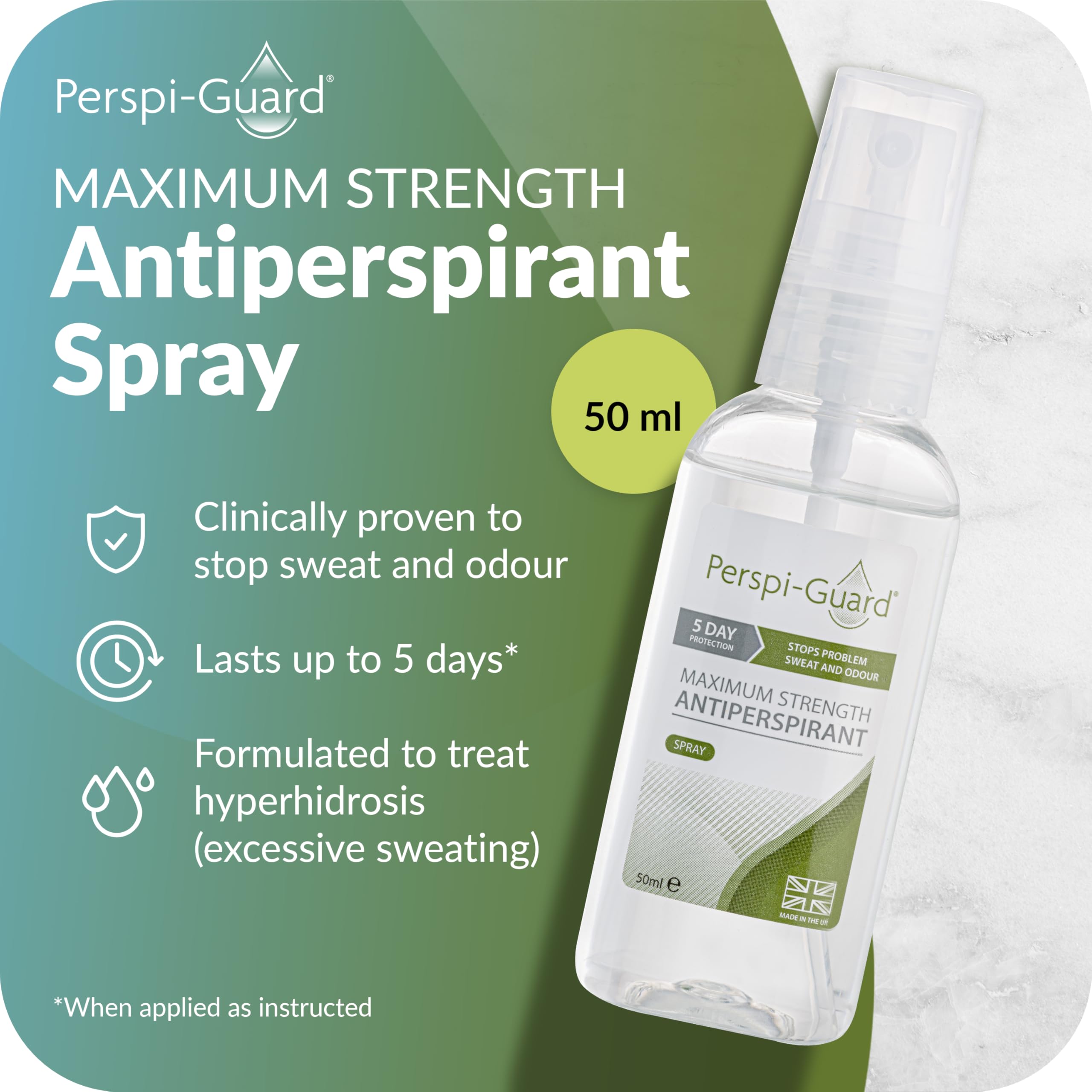 Perspi Guard unscented bottle close-up highlighting fragrance-free wear.