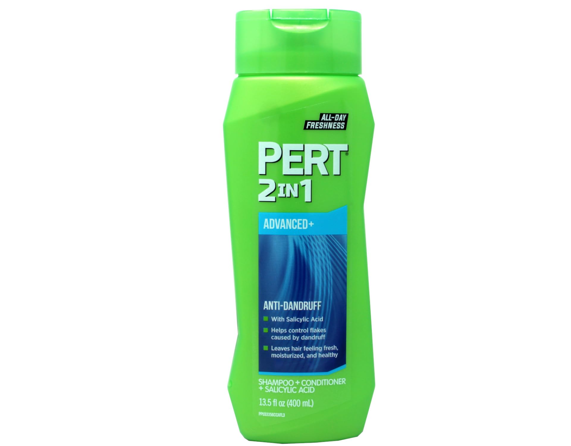 Pert anti-dandruff 2-in-1 bottle showing clean, refreshed hair.
