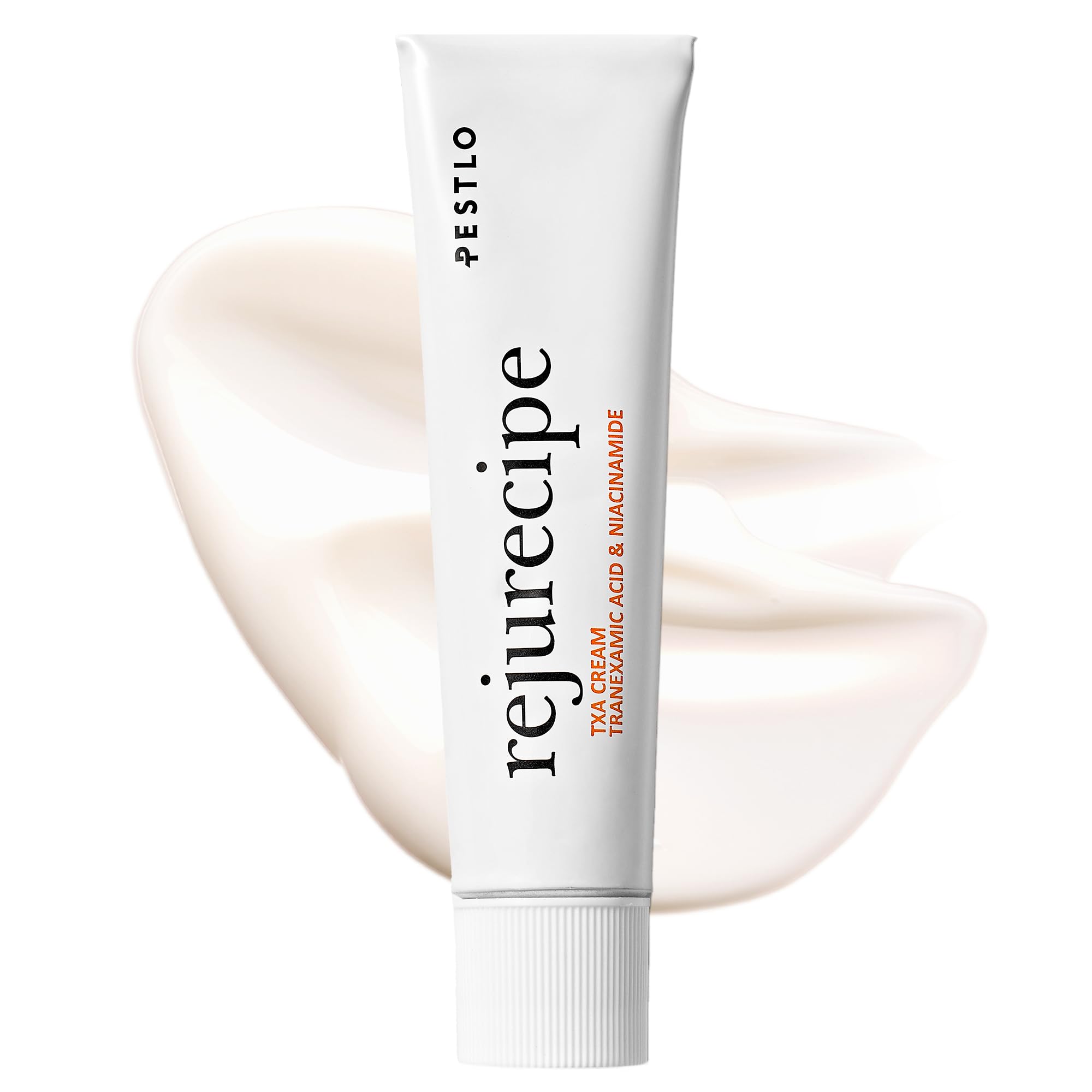 PESTLO Rejurecipe TXA Cream bottle pour showing potential for an even-toned complexion.