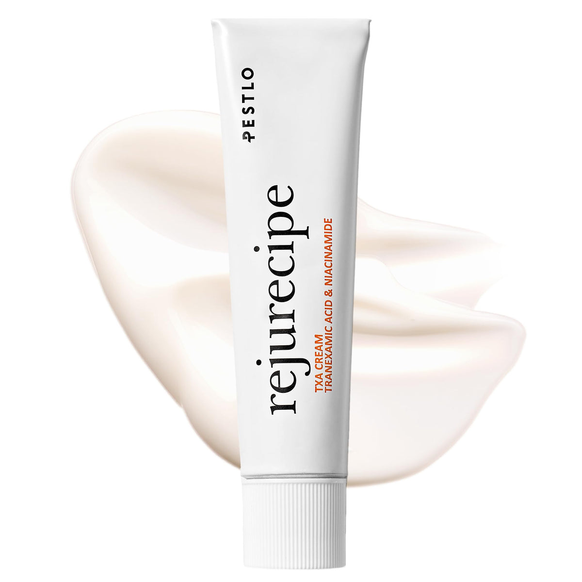 PESTLO Rejurecipe TXA Cream bottle pour showing potential for an even-toned complexion.