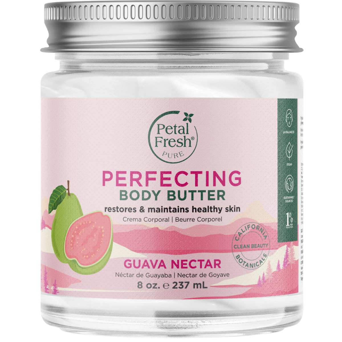 Petal Fresh Guava Nectar Body Butter jar close-up highlights a rich, non-greasy formula for smooth skin
