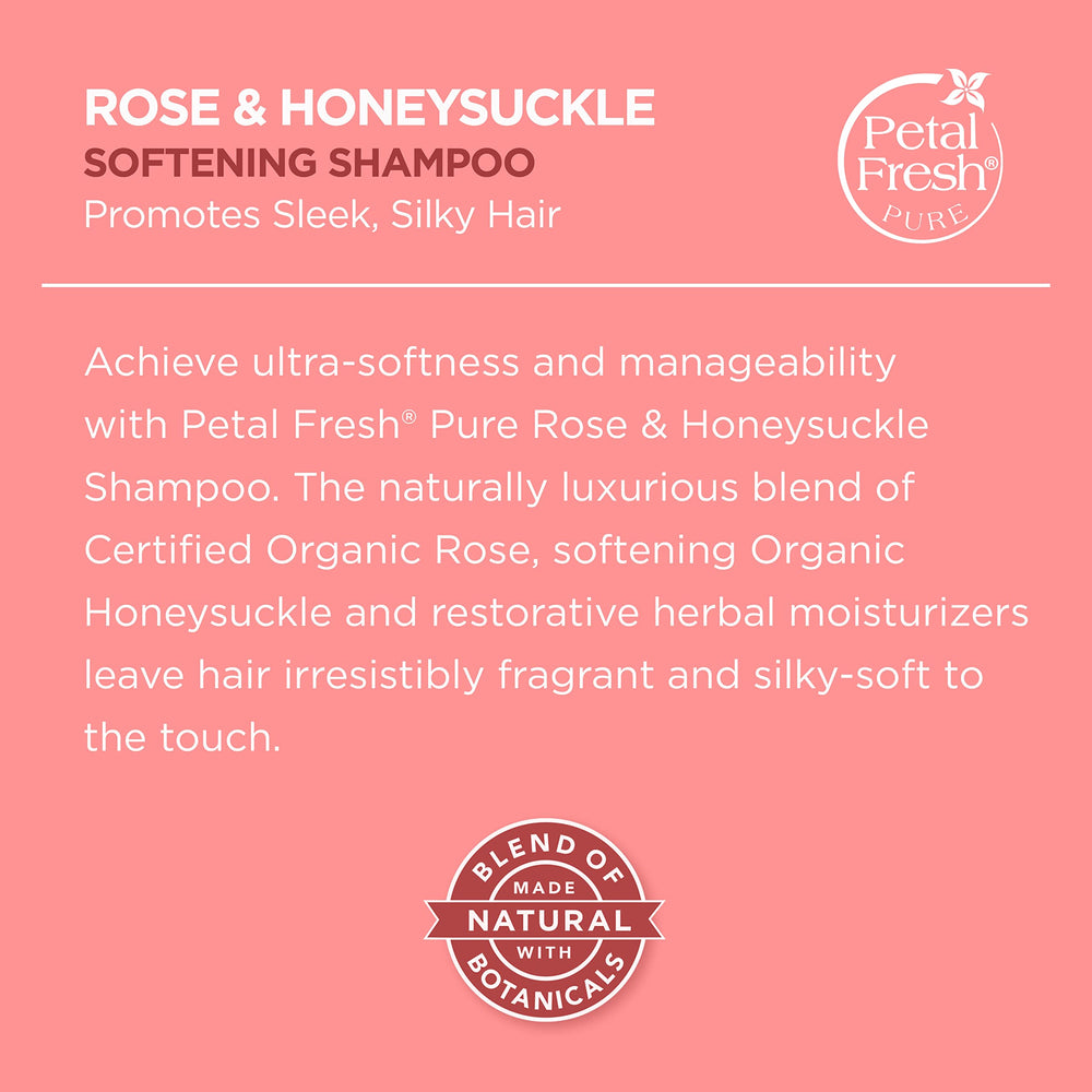 Illustration highlighting natural ingredients in Petal Fresh Rose and Honeysuckle shampoo.