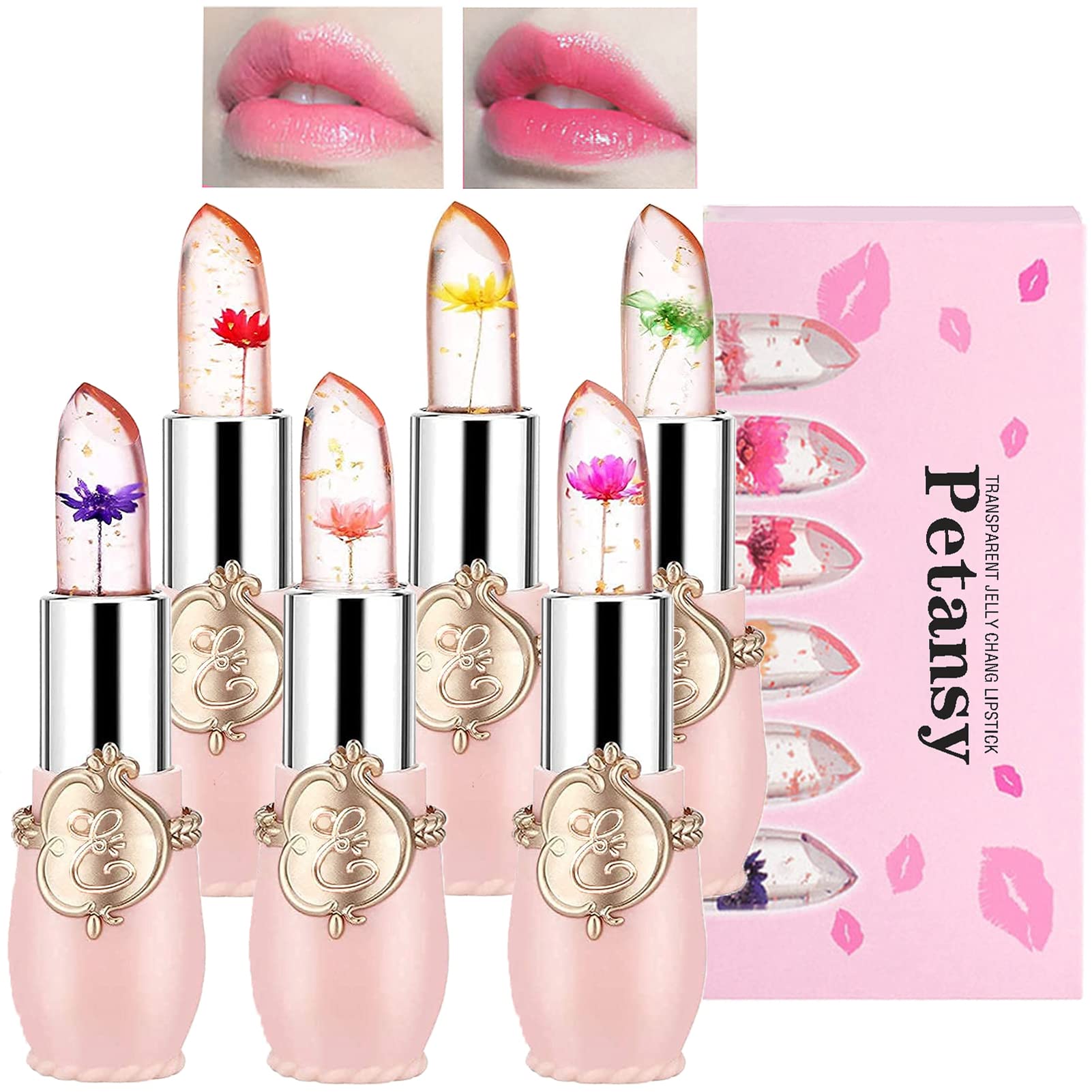 Petansy crystal jelly lipstick set with six-pack and flowers inside.