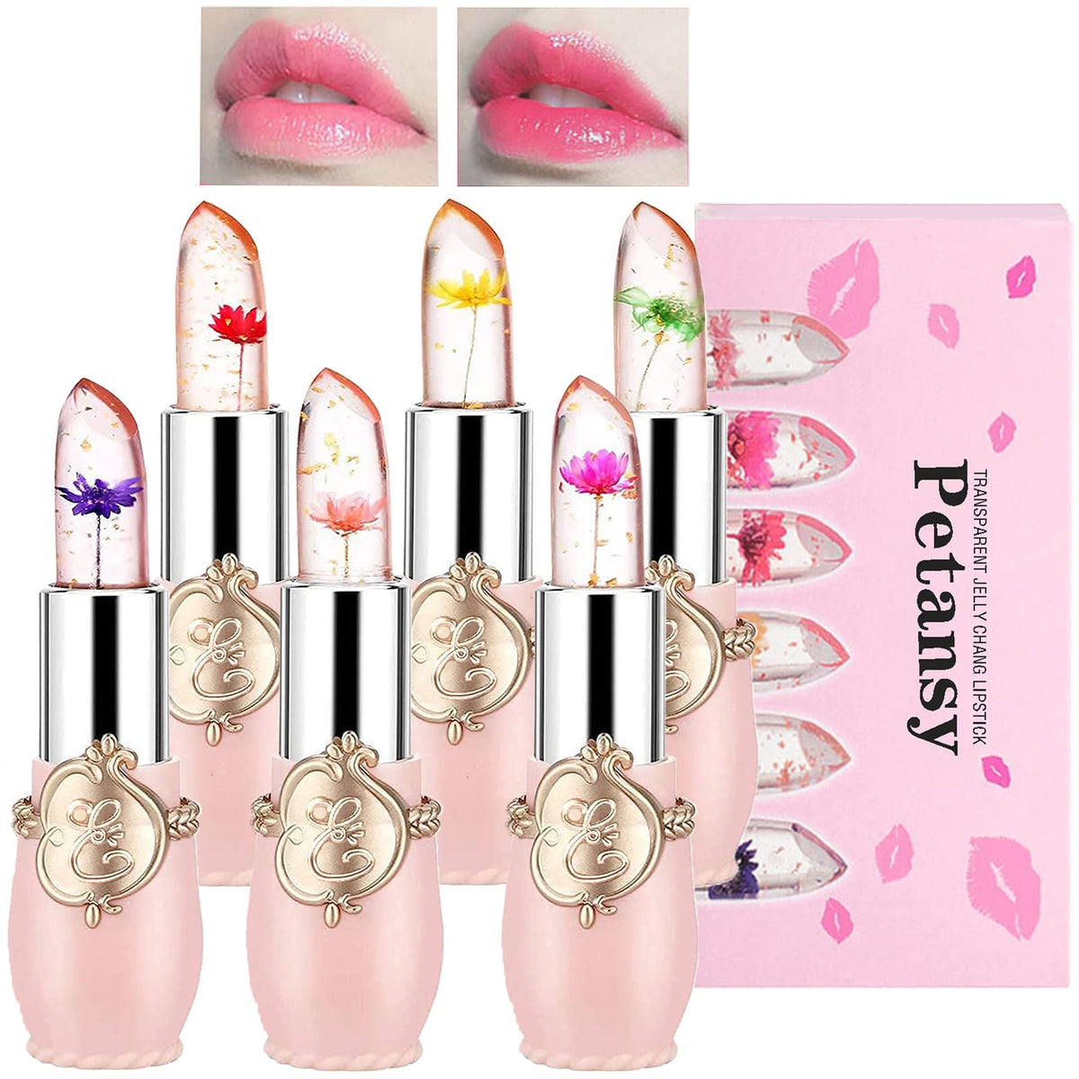 Petansy crystal jelly lipstick set with six-pack and flowers inside.