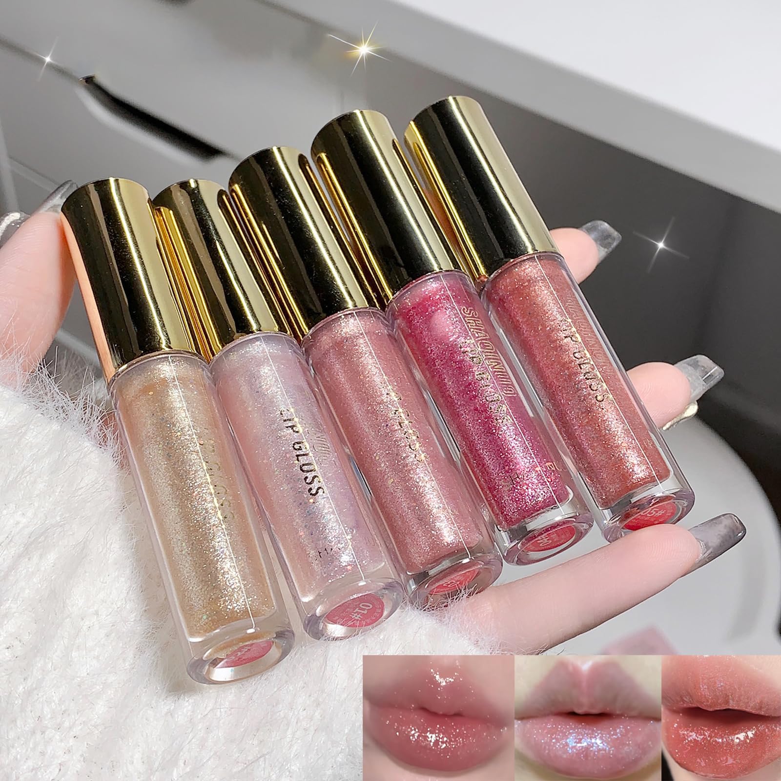 Petansy glitter lip gloss collection shows five shimmering shades for versatile gloss.