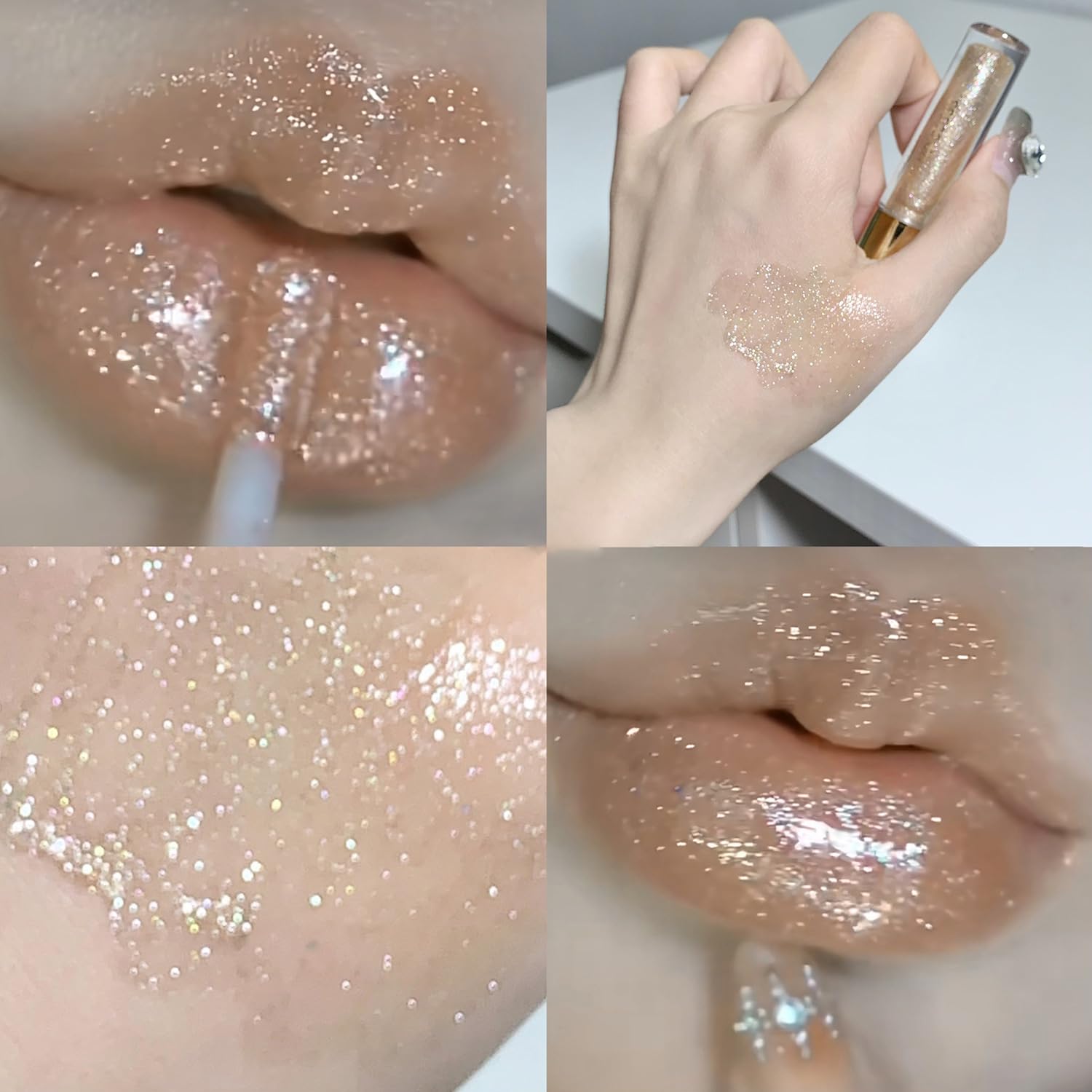 Petansy sheer gloss with shimmer adds subtle radiance.