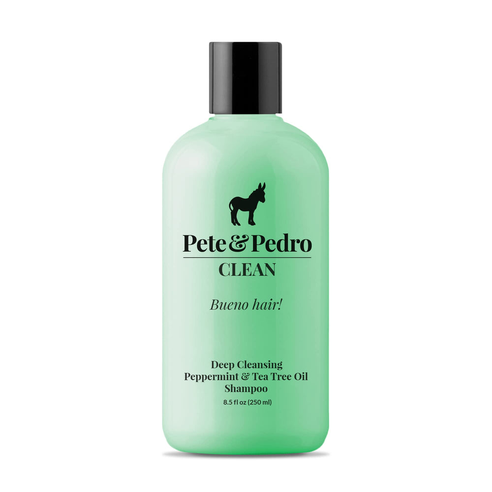 Pete & Pedro Clean tea tree shampoo bottle emphasizes deep cleansing.