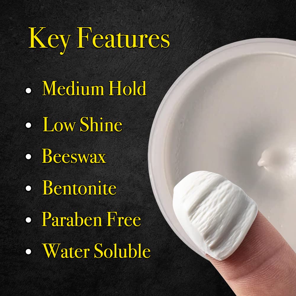 Close-up of clay texture highlighting Bentonite and Beeswax for versatile hold.