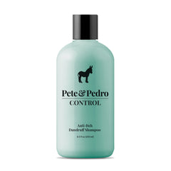 Pete & Pedro Control bottle showing coal tar for strong scalp relief and flakes reduction