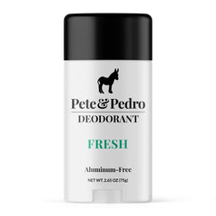 Pete & Pedro Fresh deodorant bottle shows aluminum-free formula for all-day protection.