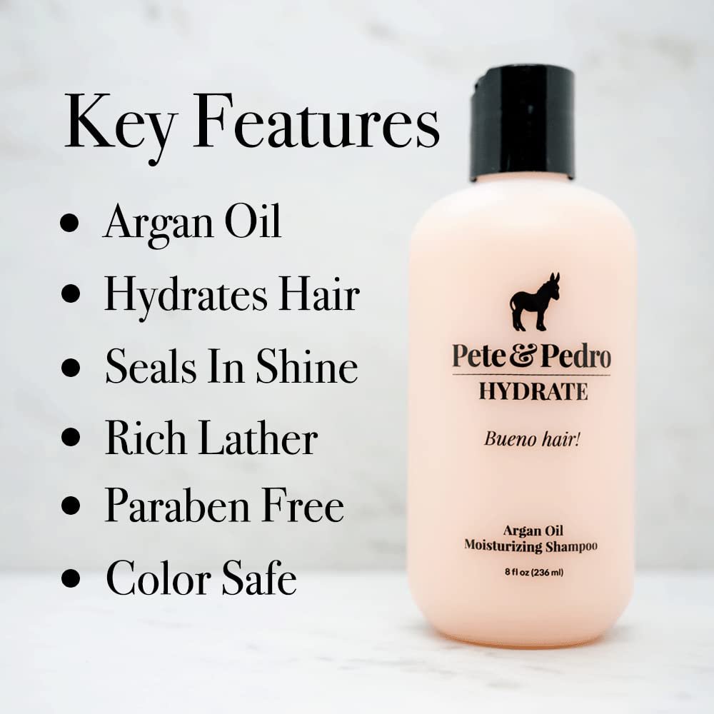 Pete & Pedro HYDRATE label close-up shows sulfate- and paraben-free cleansing.
