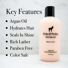 Pete & Pedro HYDRATE label close-up shows sulfate- and paraben-free cleansing.