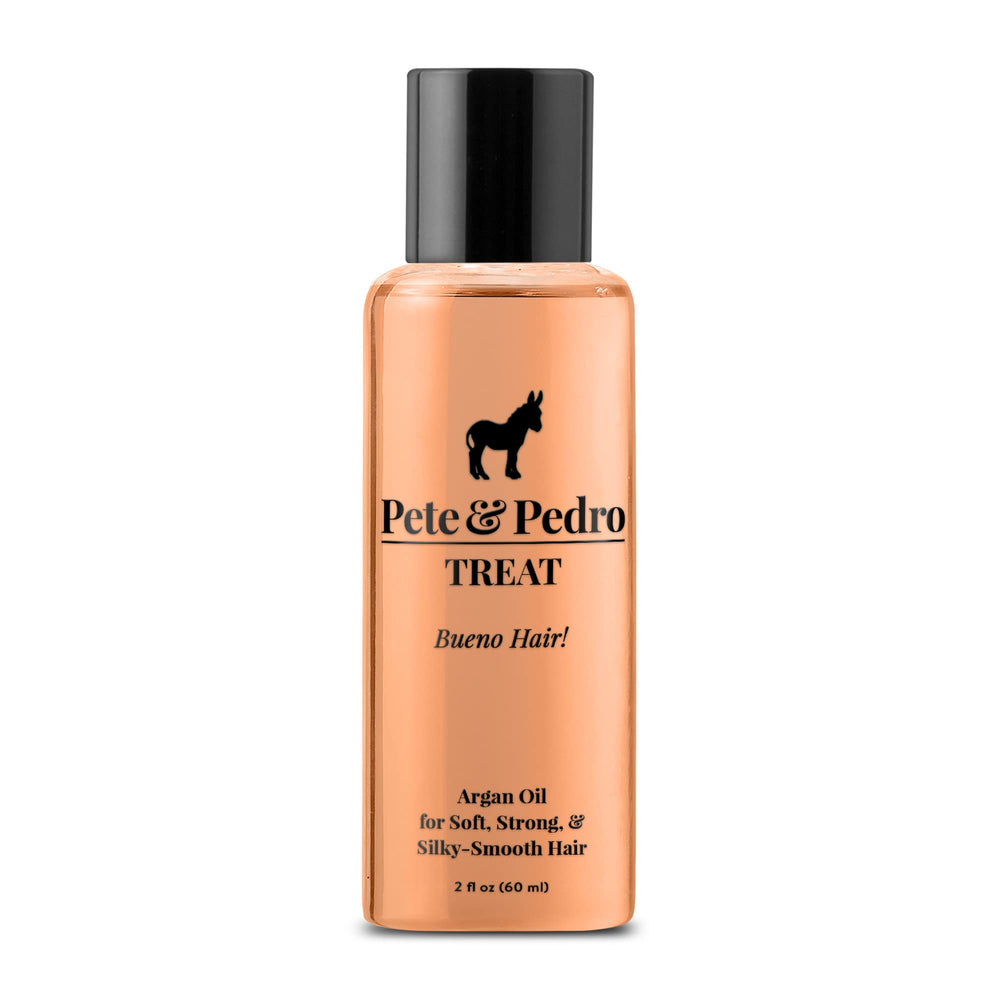 Pete & Pedro Treat argan-oil bottle demonstrating deep hydration for soft, strong hair