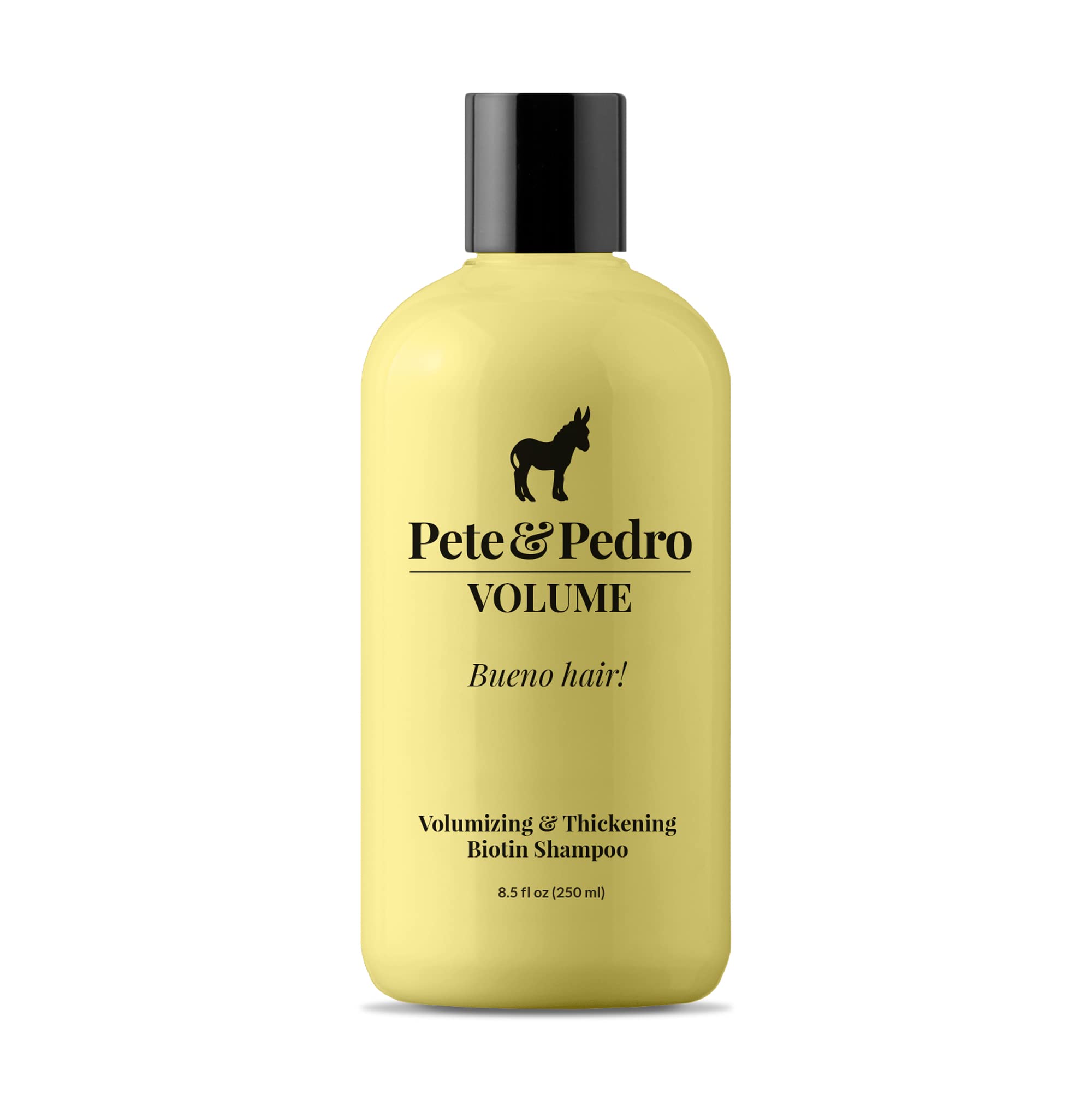 Pete & Pedro Volume Shampoo bottle front, signaling weightless volume for fuller hair