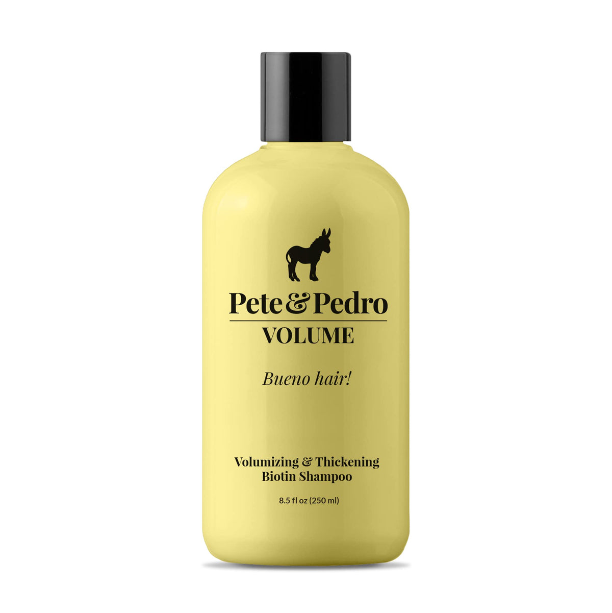 Pete & Pedro Volume Shampoo bottle front, signaling weightless volume for fuller hair