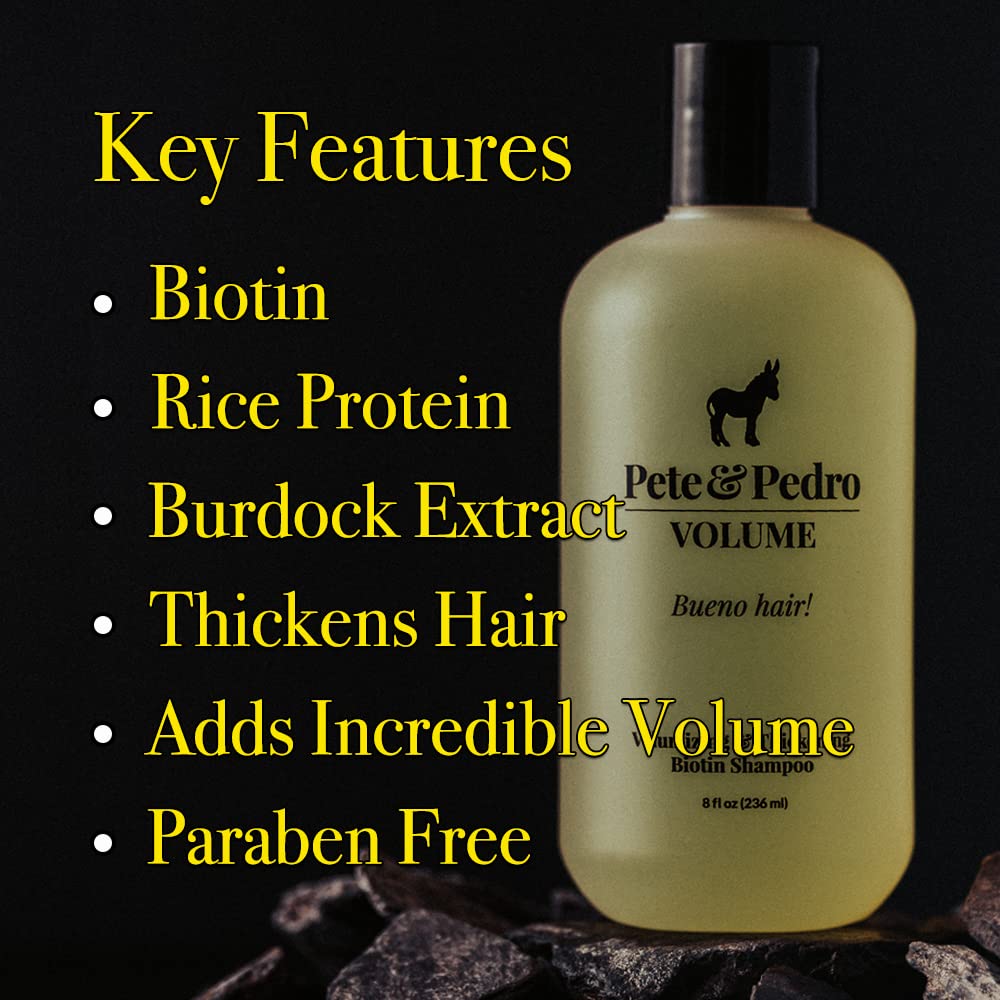 Pete & Pedro Volume Shampoo label detail highlighting biotin and natural extracts