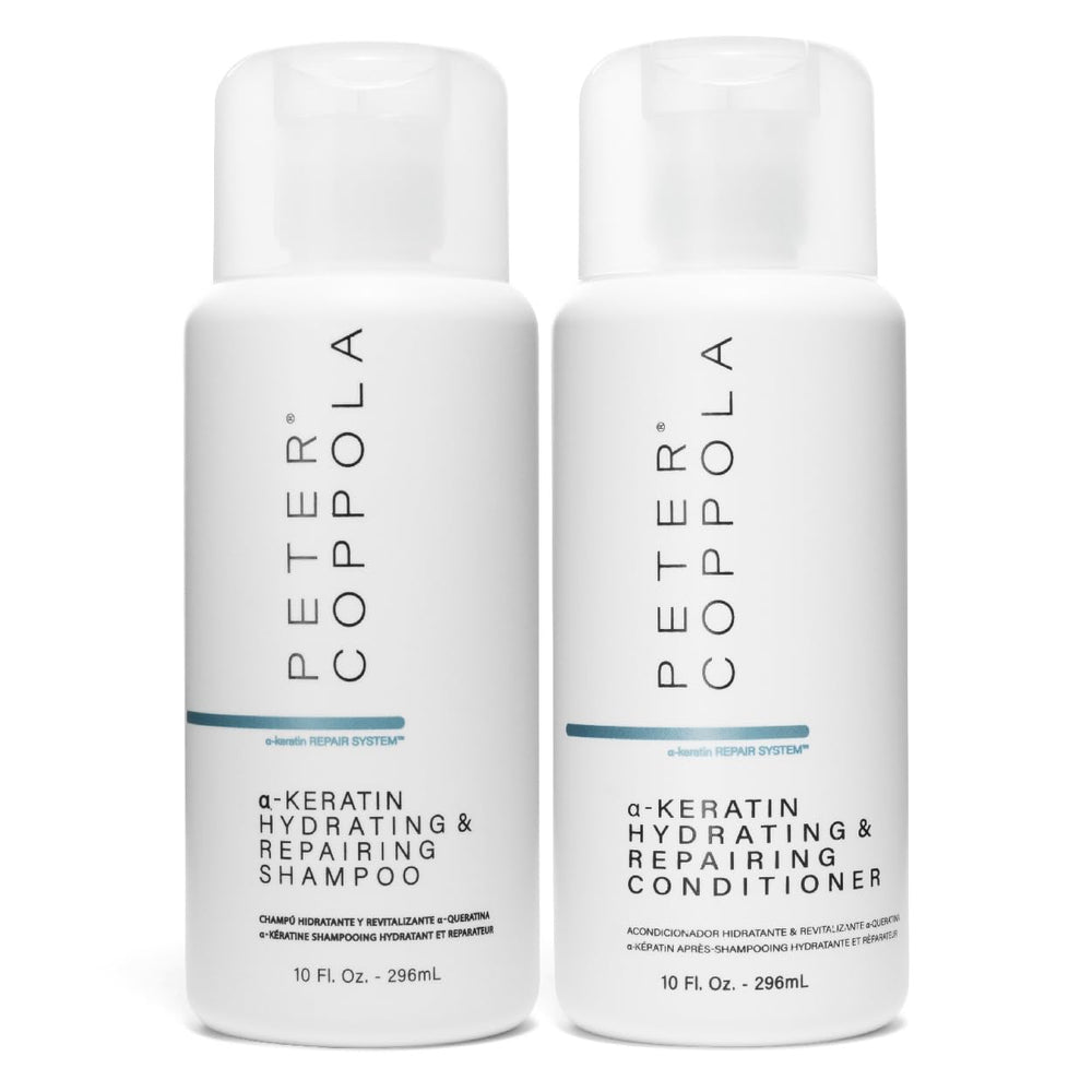 Peter Coppola a-Keratin Hydrating Shampoo bottle promotes soft, manageable hair