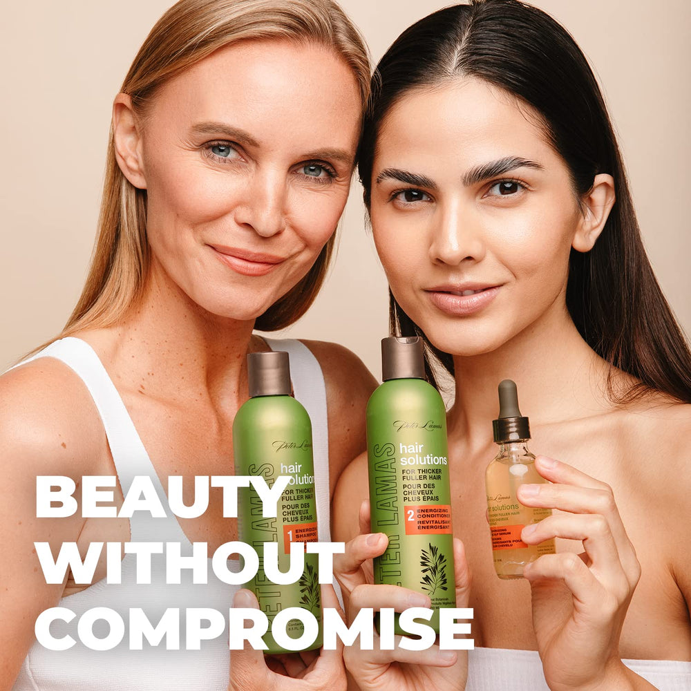 Peter Lamas Biotin Shampoo label close-up highlighting vegan formula benefits.