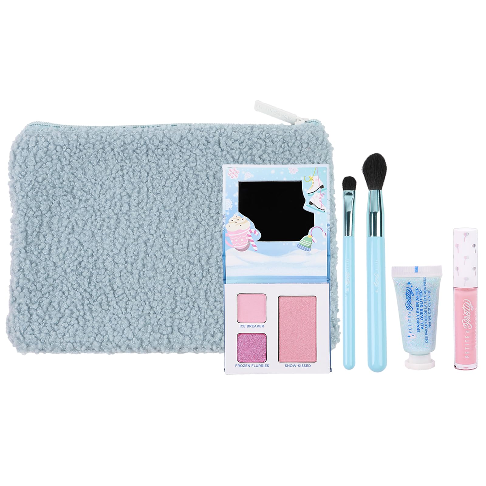 Petite 'N Pretty Sparkle Storm blue sherpa bag for travel-friendly makeup storage