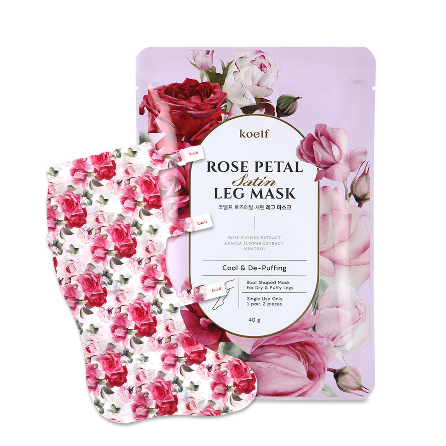Petitfee Koelf Rose Petal Satin Leg Mask packshot delivering luxurious hydration for tired legs.