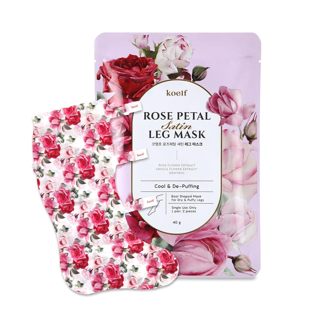 Petitfee Koelf Rose Petal Satin Leg Mask packshot delivering luxurious hydration for tired legs.