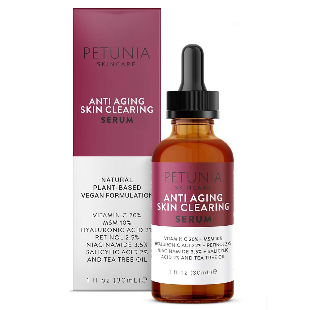Petunia Skincare serum bottle close-up for anti-aging care.