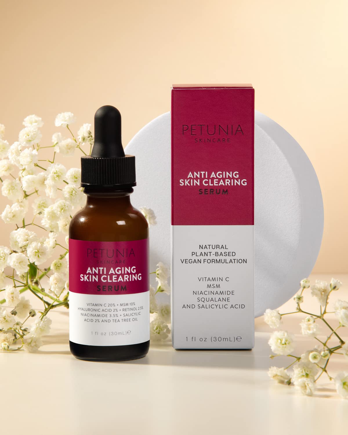 Petunia Skincare serum label detail highlighting Vitamin C and retinol.
