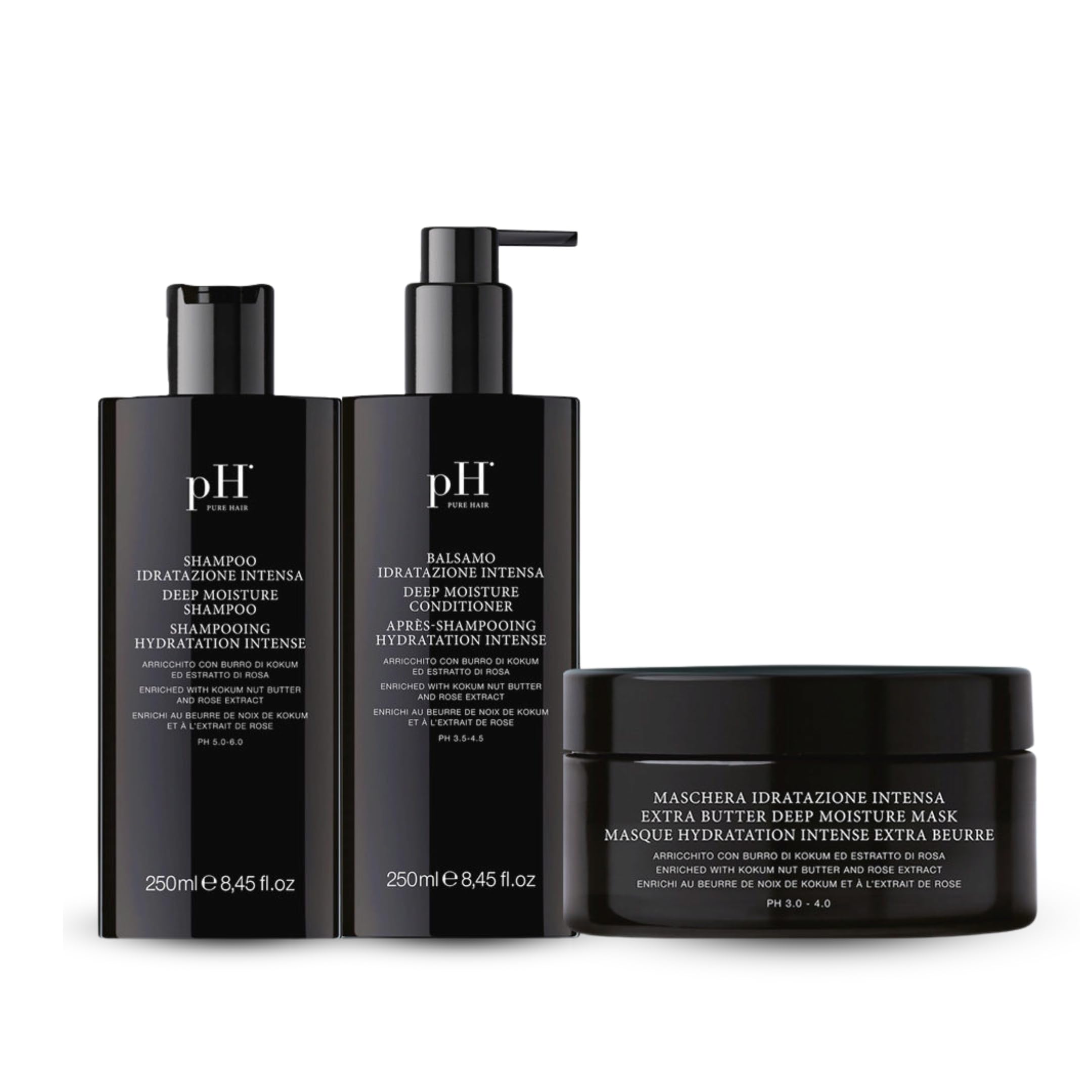 Ph Pure Hair Deep Moisture Shampoo bottle supports hydration for dry, damaged hair.
