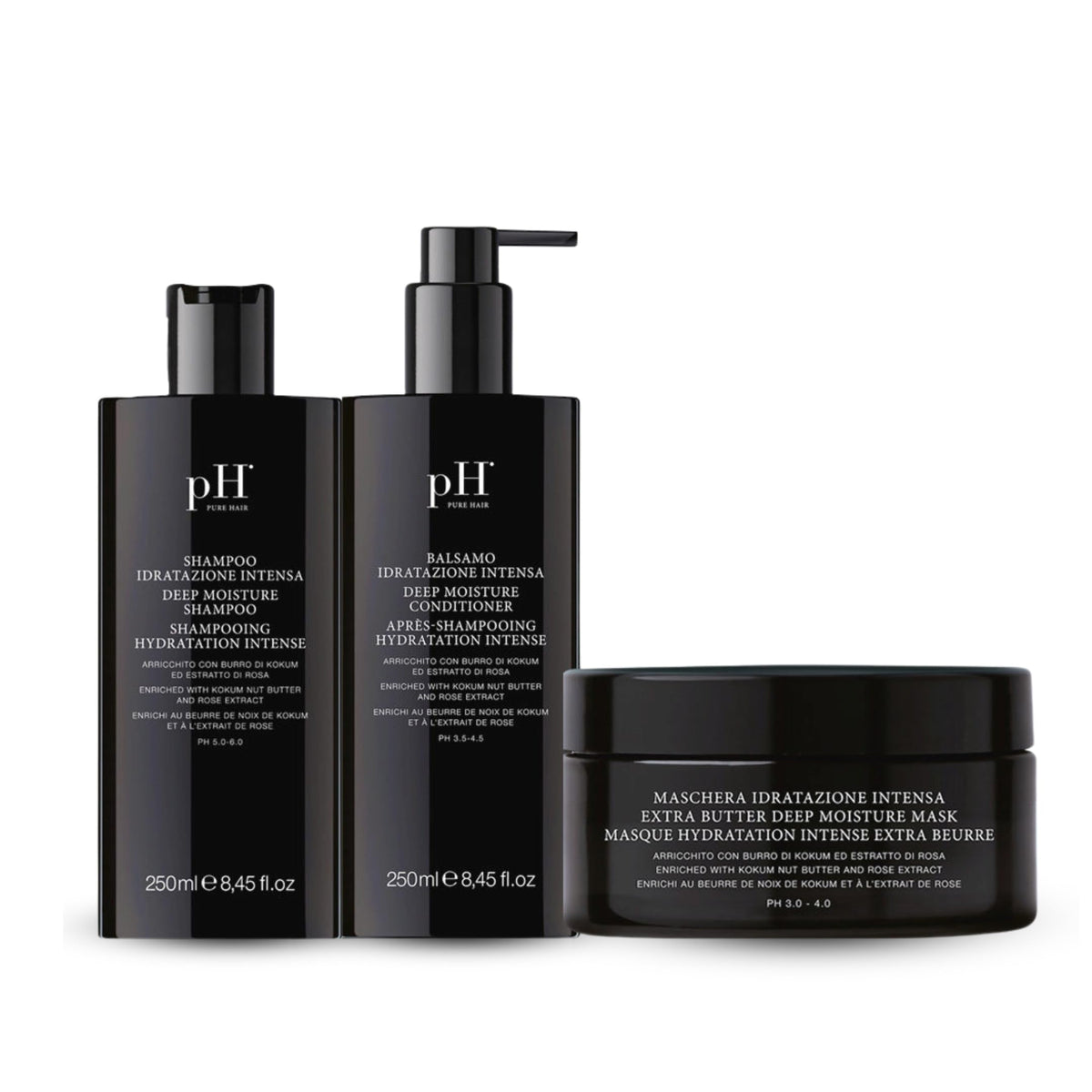 Ph Pure Hair Deep Moisture Shampoo bottle supports hydration for dry, damaged hair.