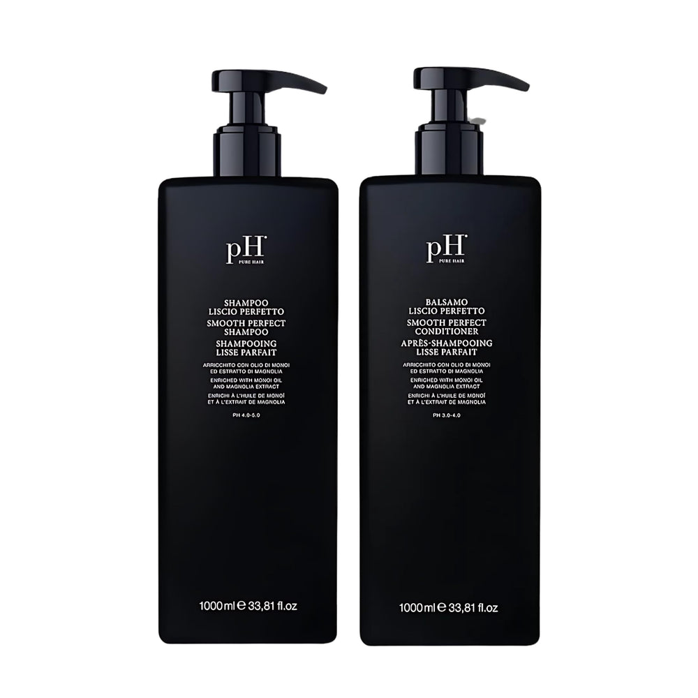pH PURE HAIR Smooth Perfect Shampoo bottle front showing frizz control for sleek hair.