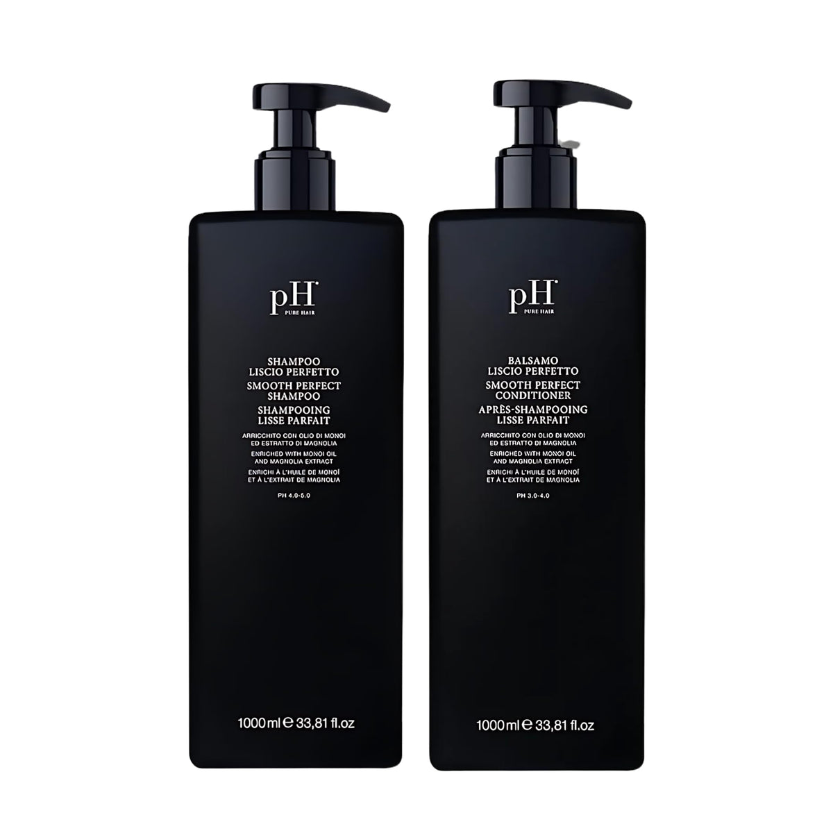 pH PURE HAIR Smooth Perfect Shampoo bottle front showing frizz control for sleek hair.