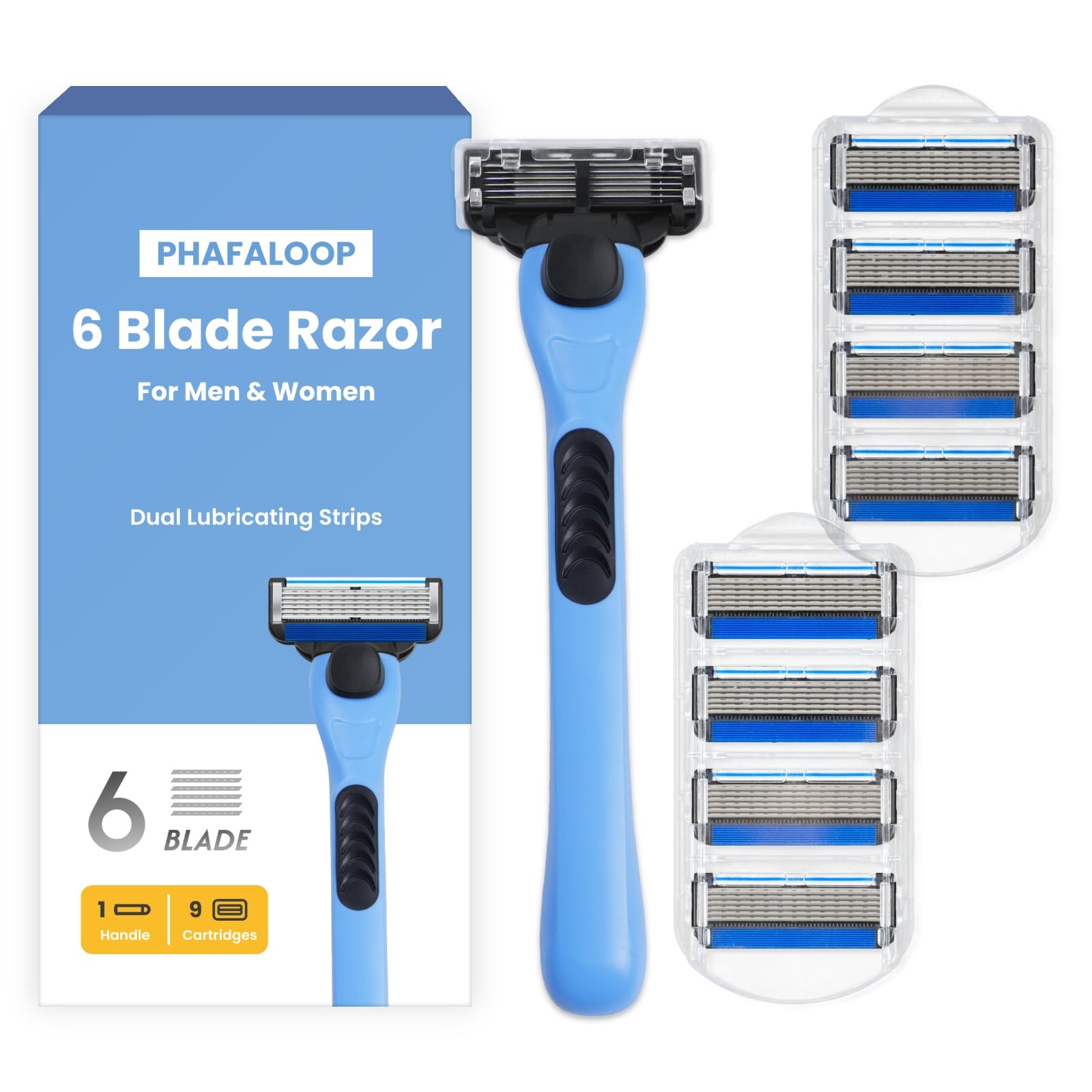 Phafaloop 6-blade razor pack shot for a smooth, confident daily shave.