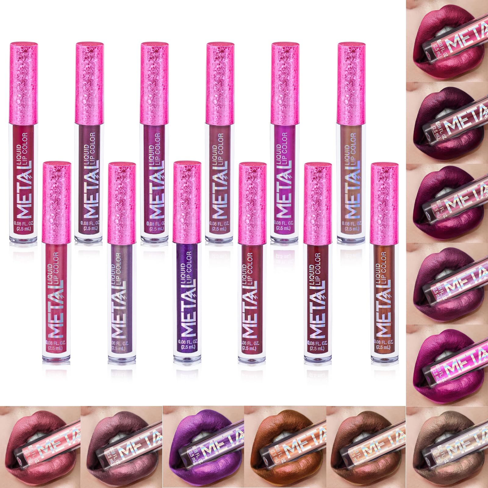 PhantomSky 12-piece glitter liquid lipstick set packaging closeup for versatile shimmer looks