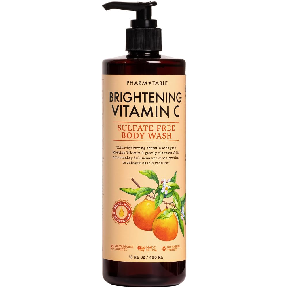 PHARM TO TABLE Brightening Vitamin C Body Wash bottle front for radiant skin.