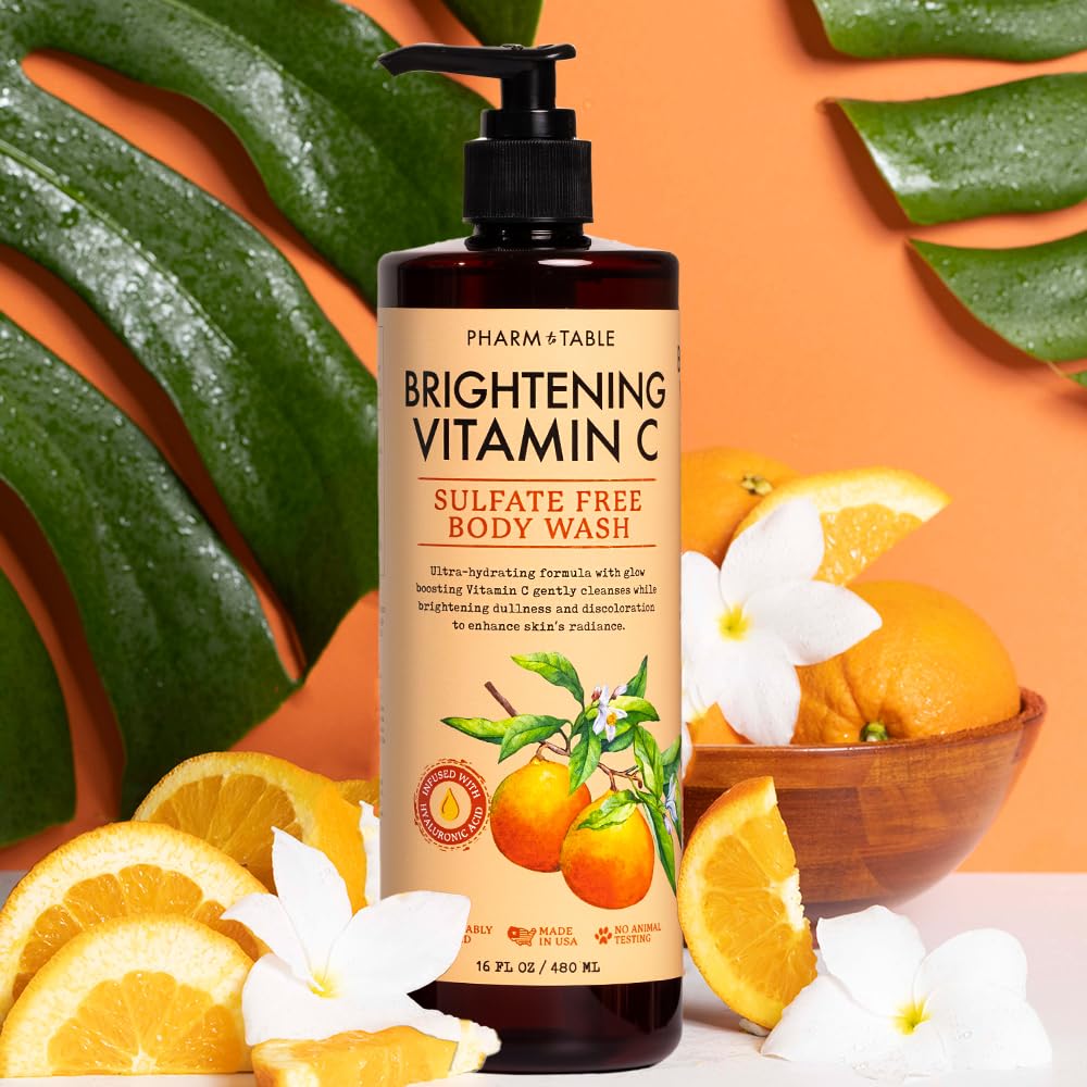 PHARM TO TABLE Brightening Vitamin C Body Wash eco-friendly packaging highlight.