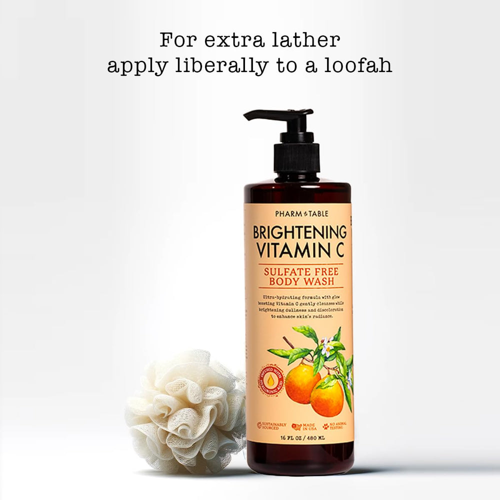 PHARM TO TABLE Brightening Vitamin C Body Wash lather showing rich foam for brightness.