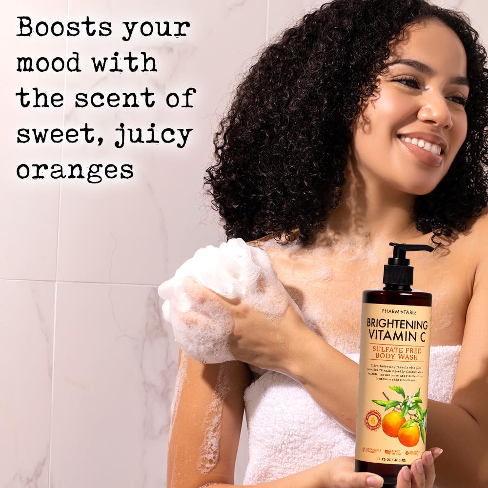 PHARM TO TABLE Brightening Vitamin C Body Wash sulfate-free formula for all skin types.