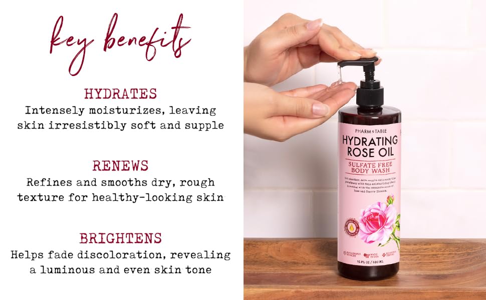 PHARM TO TABLE Hydrating Rose Oil Body Wash recyclable bottle aligns with eco-friendly choice.
