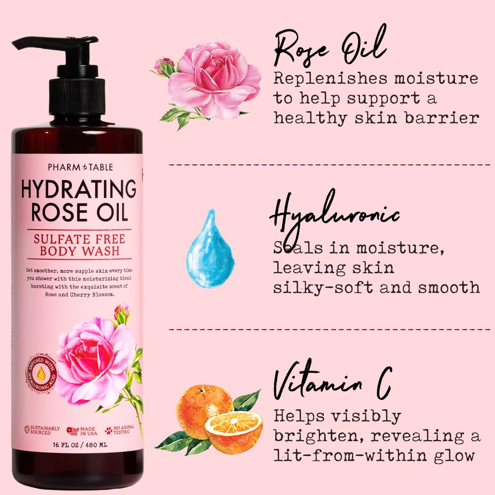 PHARM TO TABLE Hydrating Rose Oil Body Wash rose petals scent enhances a calming routine.