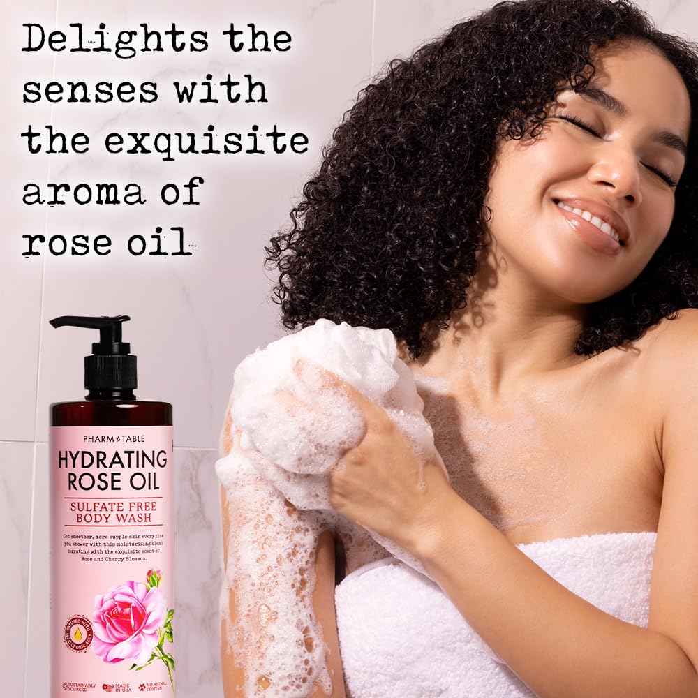 PHARM TO TABLE Hydrating Rose Oil Body Wash USA-made packaging supports sustainability.