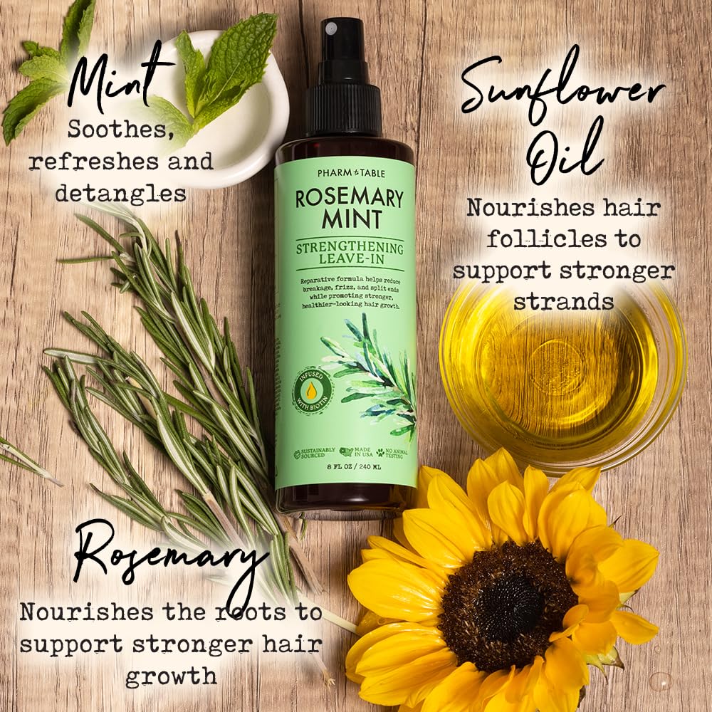 PHARM TO TABLE Rosemary Mint spray mist shown for quick scalp hydration and ease of use.