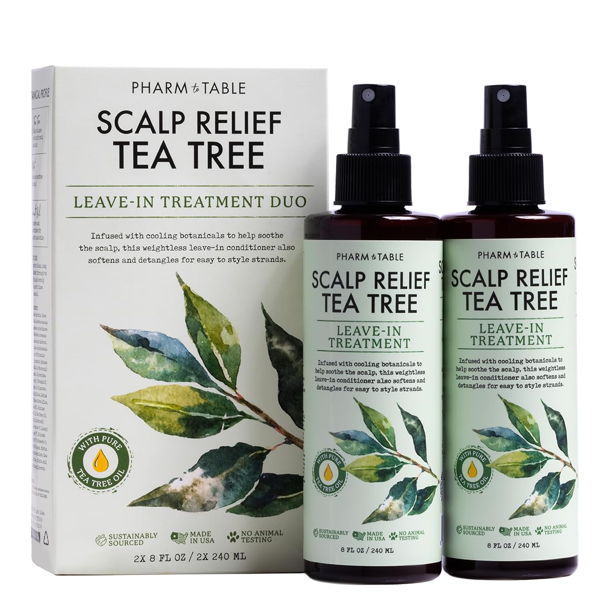 PHARM TO TABLE leave-in conditioner spray with tea tree for detangling and scalp hydration.