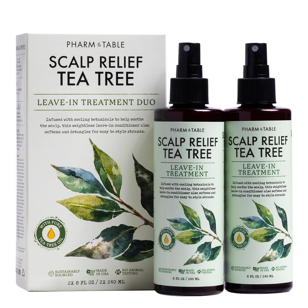 PHARM TO TABLE leave-in conditioner spray with tea tree for detangling and scalp hydration.