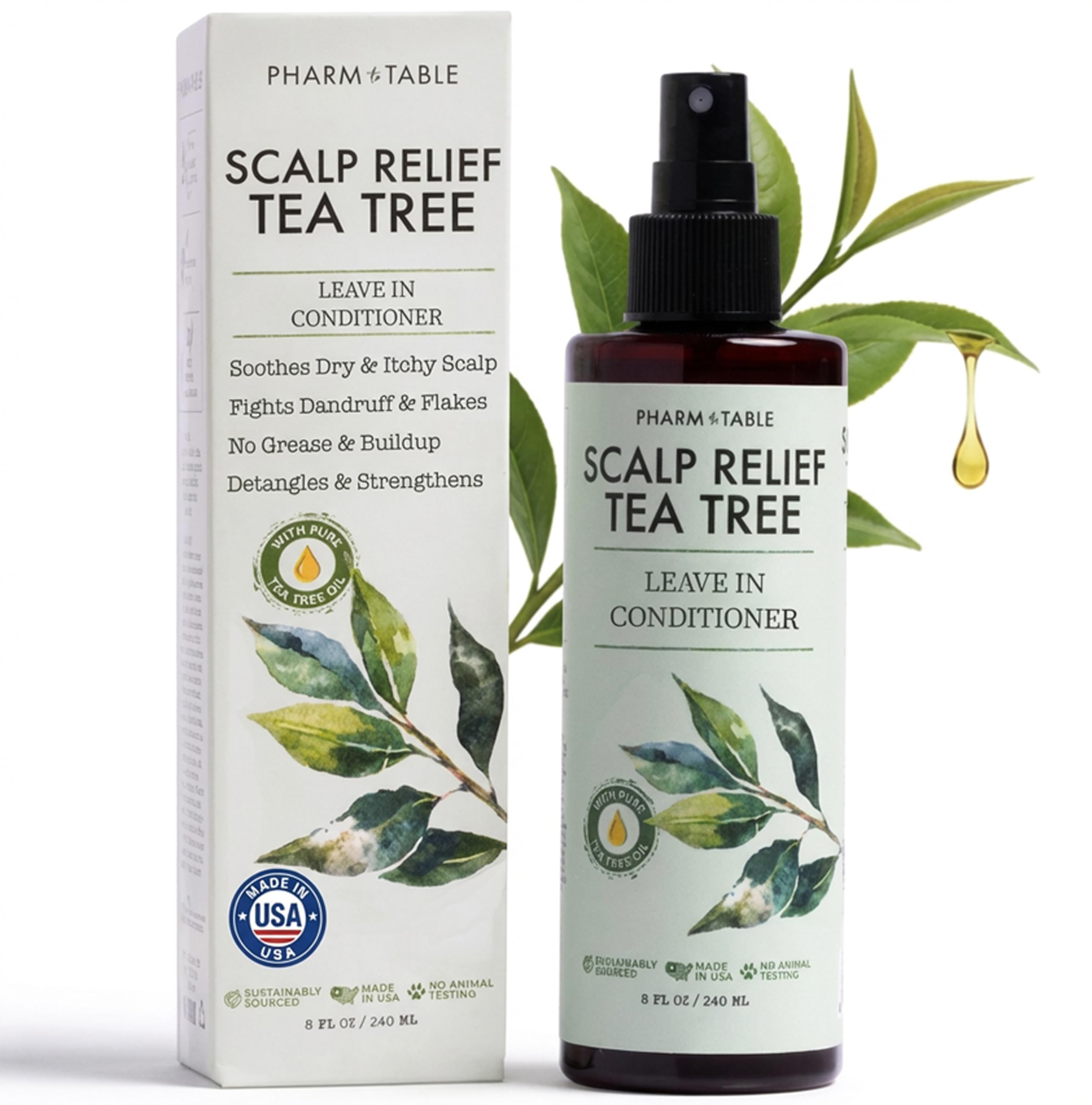 PHARM TO TABLE Leave-In Conditioner Tea Tree Spray Bottle delivers hydration for dry scalp and detangling.