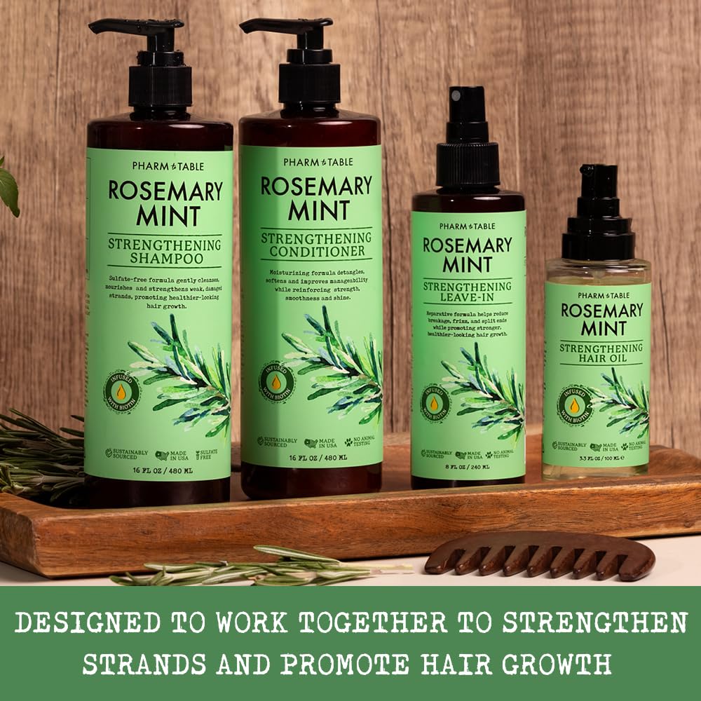 PHARM TO TABLE bottle with conditioner display promotes thicker-looking strands.