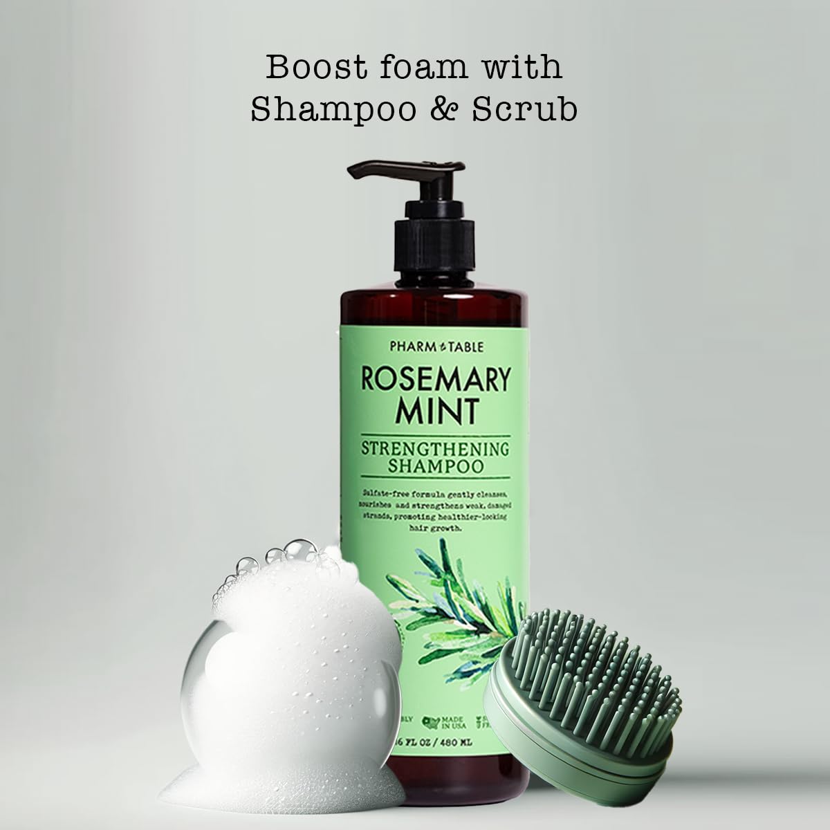PHARM TO TABLE Rosemary & Mint Shampoo bottle side label highlighting sulfate-free formula.