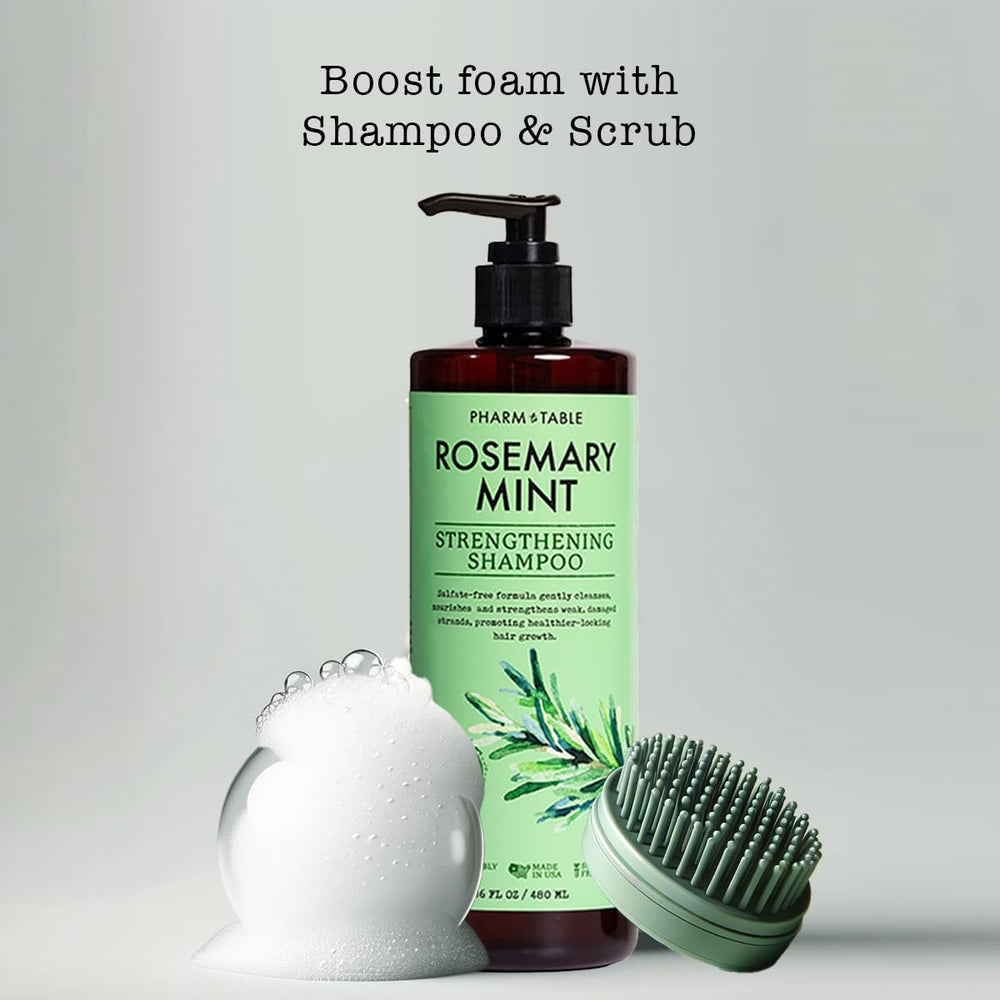 PHARM TO TABLE Rosemary & Mint Shampoo bottle side label highlighting sulfate-free formula.